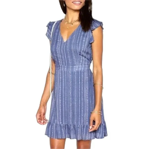 Sadie & Sage Anthropologie Blue & Tan Ruffled V-Neck A-Line Mini Dress Size S - Picture 10 of 10